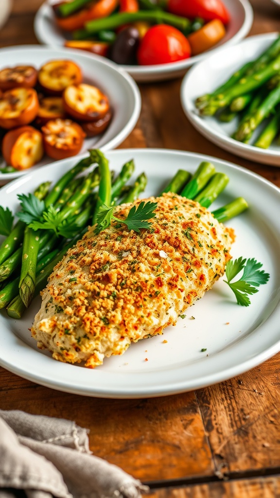 Golden brown herb-crusted chicken breast stuffed with asparagus, garnished with parsley, served with roasted vegetables.